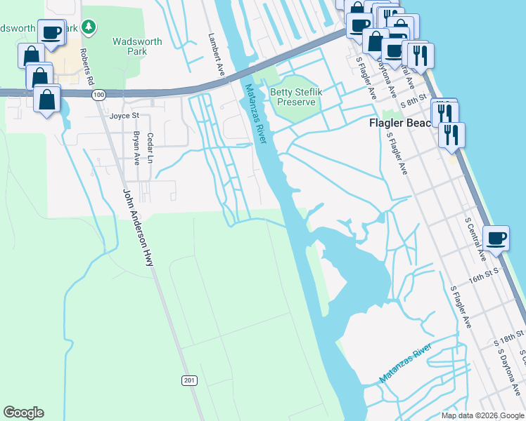 map of restaurants, bars, coffee shops, grocery stores, and more near 425 Palm Drive in Flagler Beach