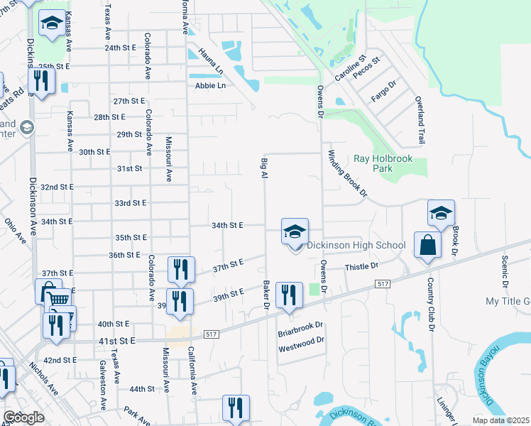 map of restaurants, bars, coffee shops, grocery stores, and more near 3515 Baker Drive in Dickinson