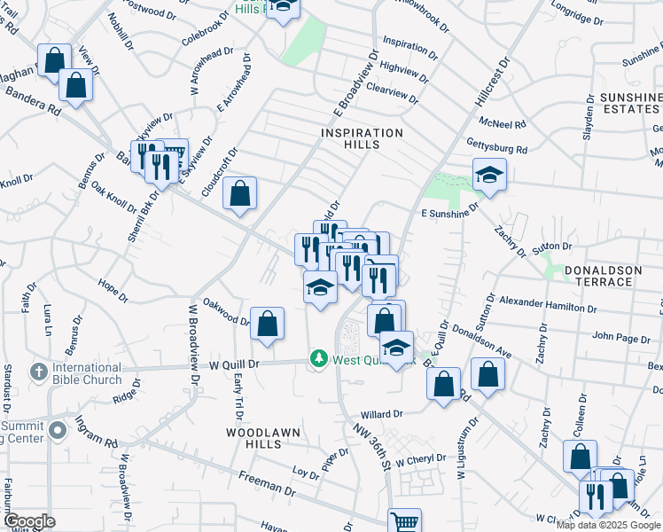 map of restaurants, bars, coffee shops, grocery stores, and more near 1704 Bandera Road in San Antonio