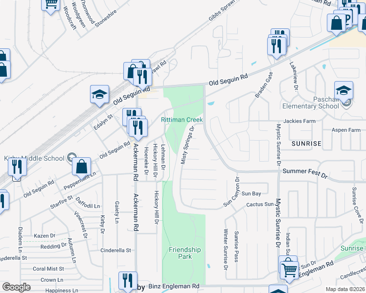 map of restaurants, bars, coffee shops, grocery stores, and more near 4427 Misty Springs Drive in San Antonio