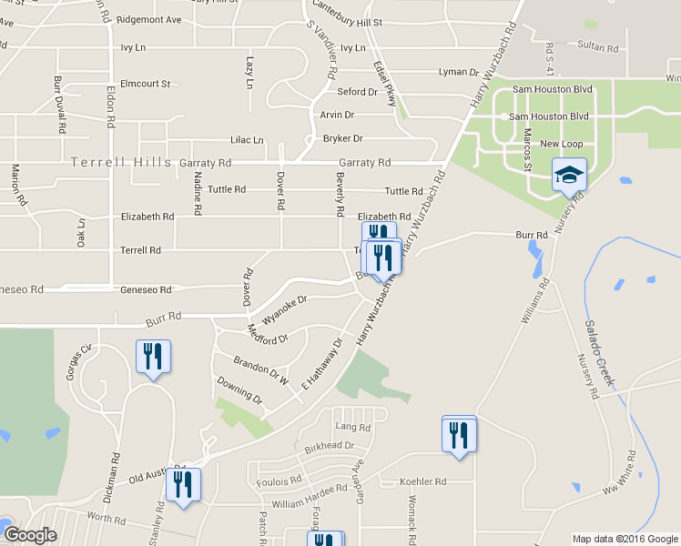 map of restaurants, bars, coffee shops, grocery stores, and more near 897 Burr Road in San Antonio
