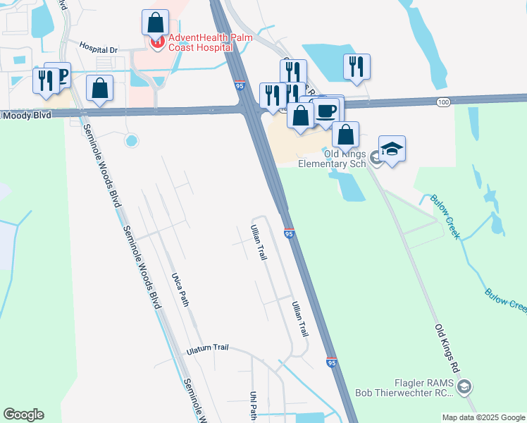 map of restaurants, bars, coffee shops, grocery stores, and more near 137 Ullian Trail in Palm Coast