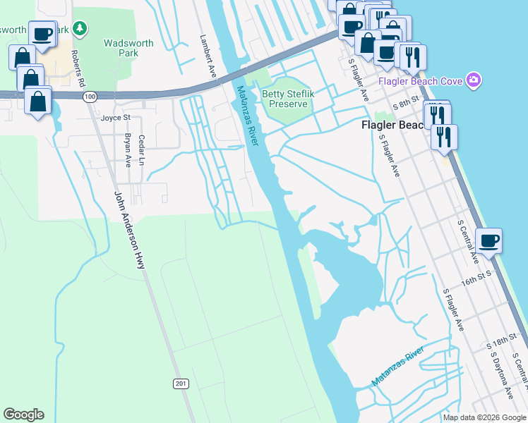 map of restaurants, bars, coffee shops, grocery stores, and more near 423 Palm Drive in Flagler Beach