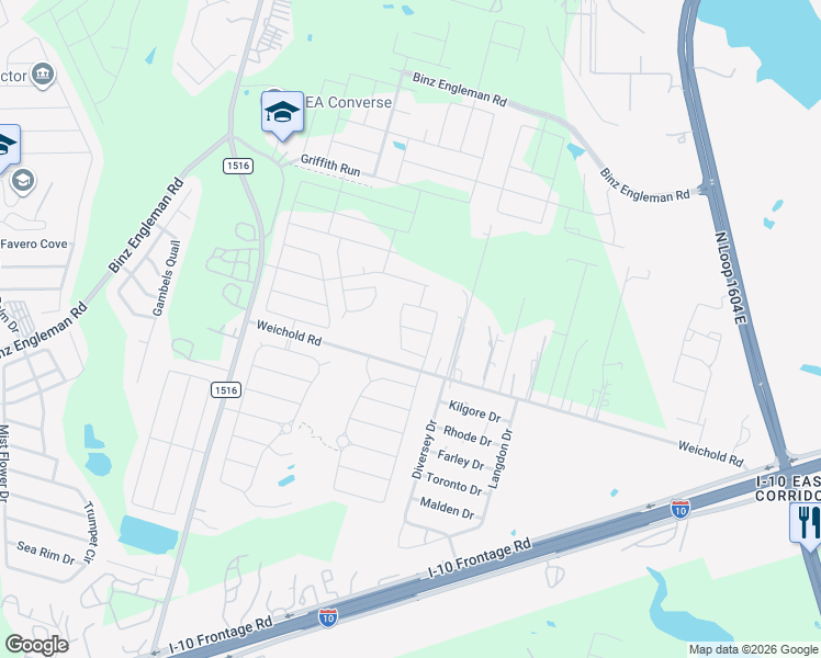 map of restaurants, bars, coffee shops, grocery stores, and more near 9265 West Weichold Road in Converse
