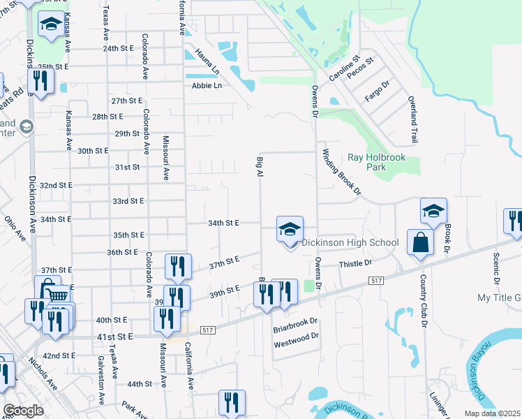 map of restaurants, bars, coffee shops, grocery stores, and more near 3505 Baker Drive in Dickinson