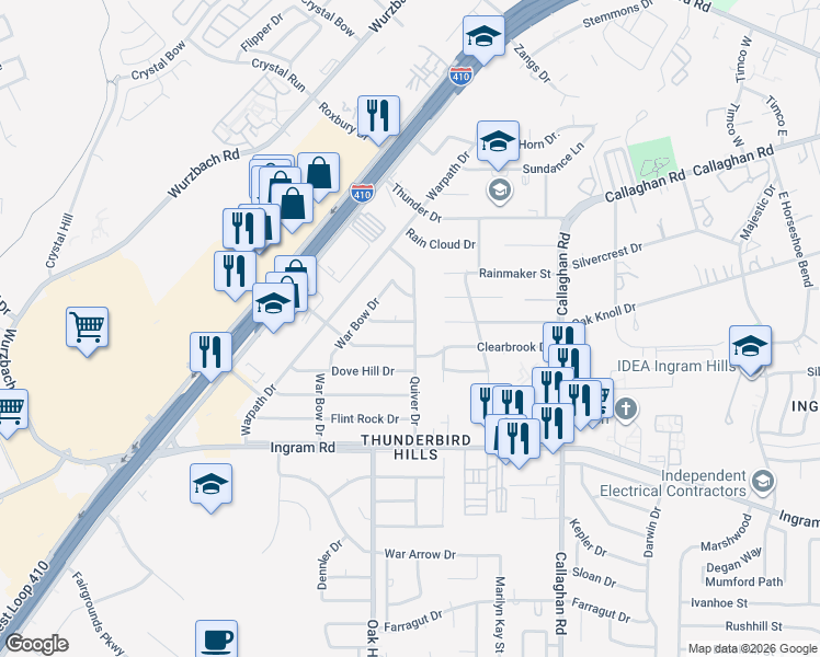 map of restaurants, bars, coffee shops, grocery stores, and more near 6222 War Lodge Lane in San Antonio