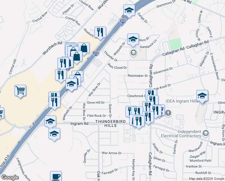 map of restaurants, bars, coffee shops, grocery stores, and more near 6222 War Lodge Lane in San Antonio