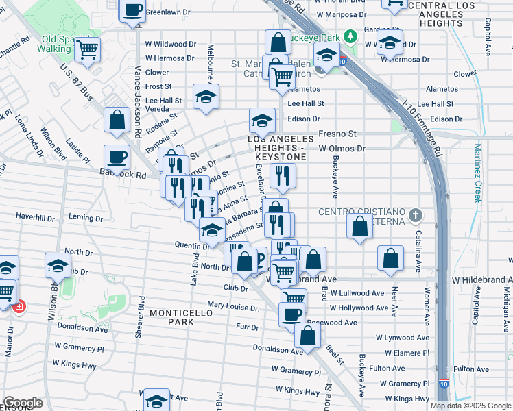map of restaurants, bars, coffee shops, grocery stores, and more near 2011 Santa Barbara Street in San Antonio