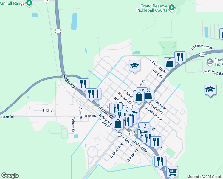map of restaurants, bars, coffee shops, grocery stores, and more near 507 North Moore Street in Bunnell