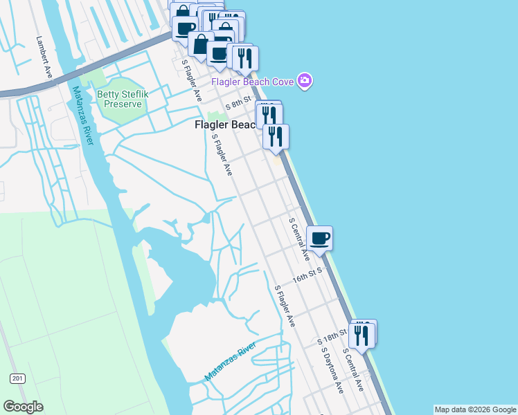 map of restaurants, bars, coffee shops, grocery stores, and more near 1327 South Daytona Avenue in Flagler Beach