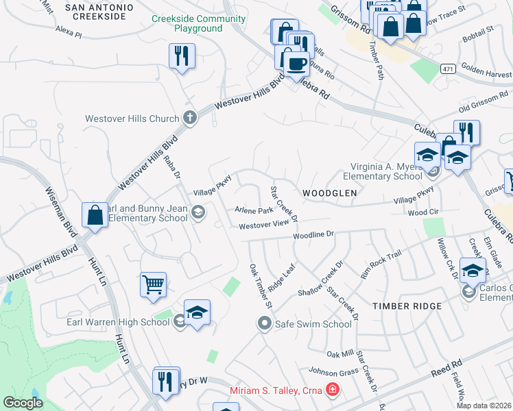 map of restaurants, bars, coffee shops, grocery stores, and more near 8507 Chelsea Park in San Antonio