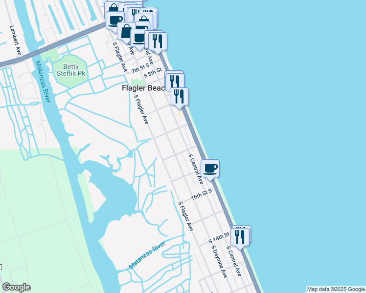 map of restaurants, bars, coffee shops, grocery stores, and more near 1338 South Central Avenue in Flagler Beach