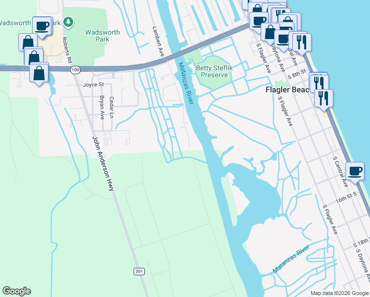 map of restaurants, bars, coffee shops, grocery stores, and more near 420 Palm Drive in Flagler Beach