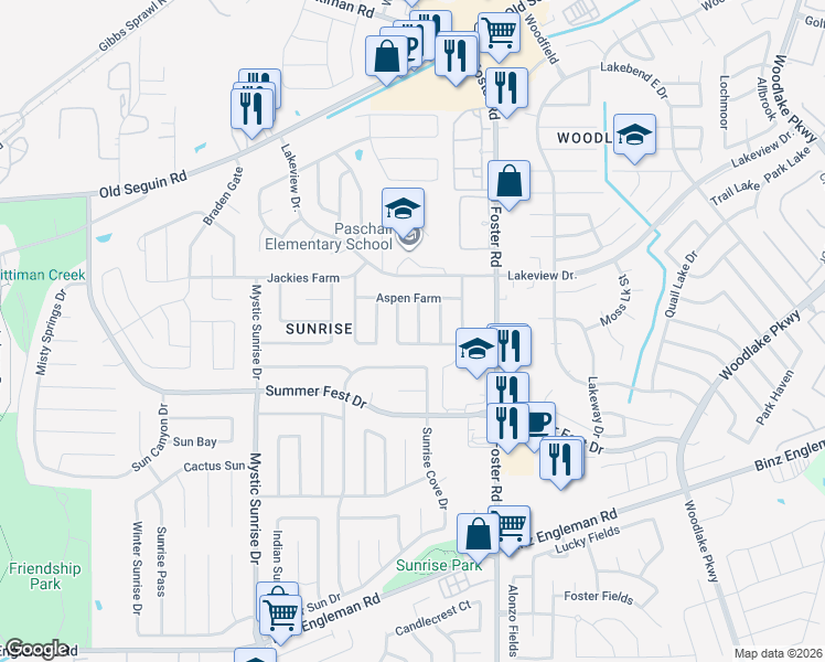 map of restaurants, bars, coffee shops, grocery stores, and more near 4711 Oakley Farm in San Antonio