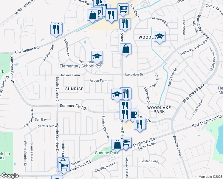 map of restaurants, bars, coffee shops, grocery stores, and more near 4715 Highland Farm in San Antonio