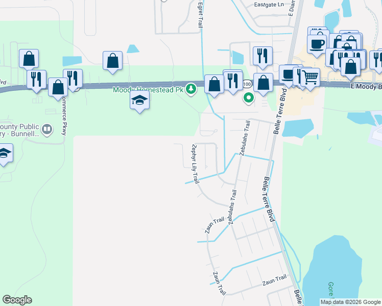 map of restaurants, bars, coffee shops, grocery stores, and more near 43 Zephyr Lily Trail in Palm Coast