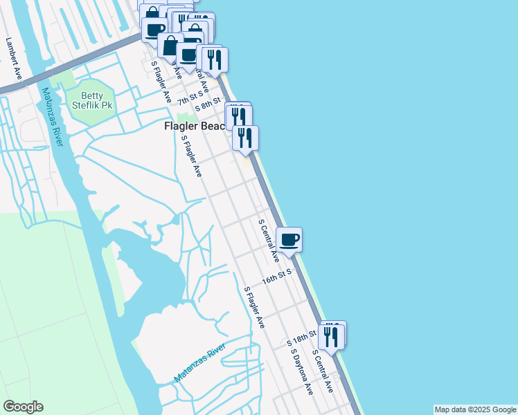 map of restaurants, bars, coffee shops, grocery stores, and more near 1339 South Central Avenue in Flagler Beach