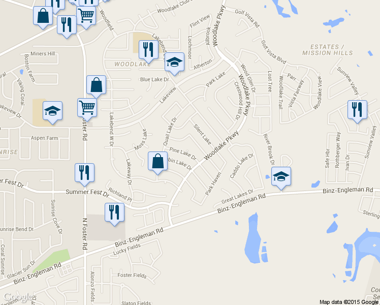 map of restaurants, bars, coffee shops, grocery stores, and more near 5122 Pine Lake Drive in San Antonio