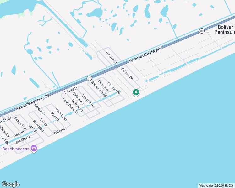 map of restaurants, bars, coffee shops, grocery stores, and more near 2941 Lakeside in Bolivar Peninsula