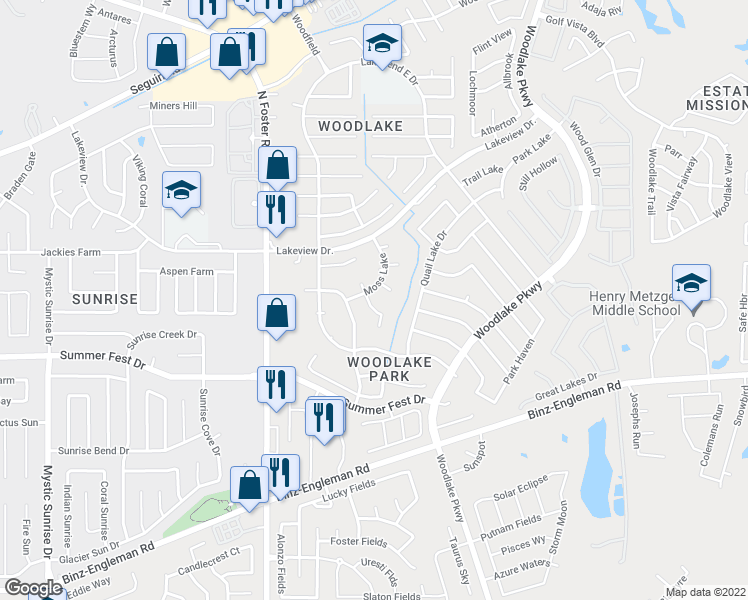 map of restaurants, bars, coffee shops, grocery stores, and more near 6807 Maple Lake Drive in San Antonio