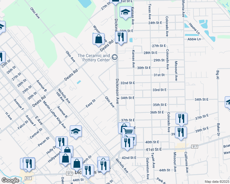 map of restaurants, bars, coffee shops, grocery stores, and more near 3310 Dickinson Avenue in Dickinson