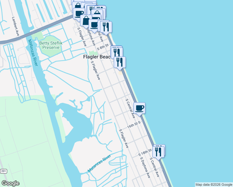 map of restaurants, bars, coffee shops, grocery stores, and more near 1327 South Daytona Avenue in Flagler Beach