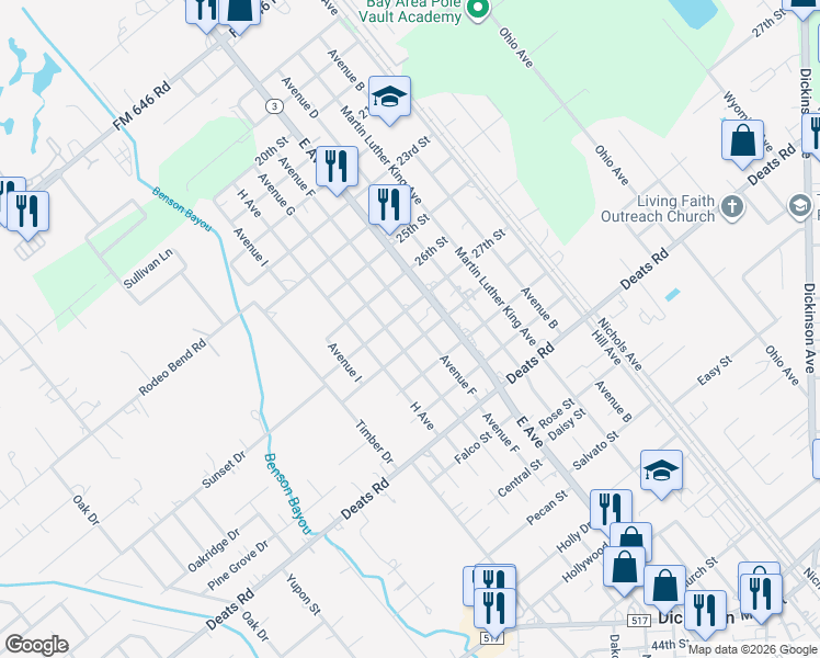 map of restaurants, bars, coffee shops, grocery stores, and more near 2708 Avenue F in Dickinson