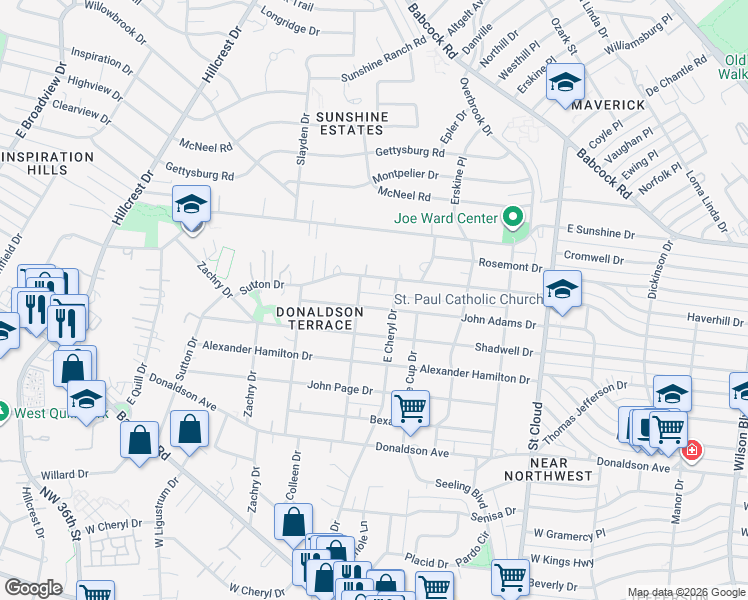 map of restaurants, bars, coffee shops, grocery stores, and more near 719 John Adams Drive in San Antonio