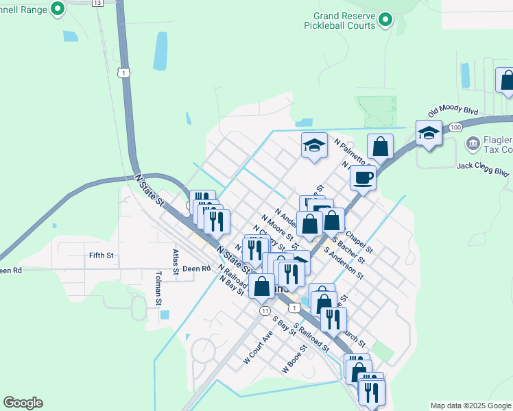 map of restaurants, bars, coffee shops, grocery stores, and more near 507 North Moore Street in Bunnell