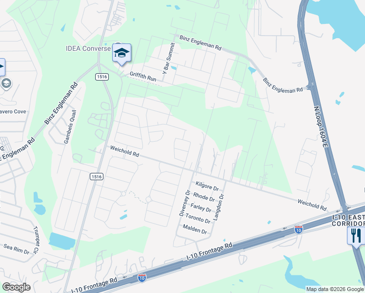 map of restaurants, bars, coffee shops, grocery stores, and more near 9265 West Weichold Road in Converse