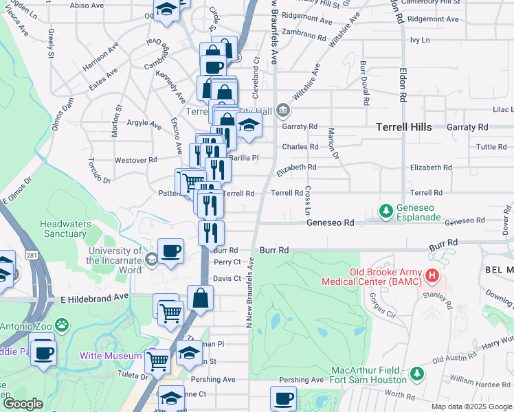 map of restaurants, bars, coffee shops, grocery stores, and more near 4526 North New Braunfels Avenue in San Antonio