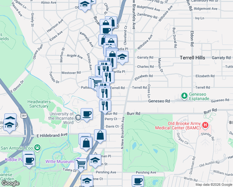 map of restaurants, bars, coffee shops, grocery stores, and more near 145 Harrigan Court in Alamo Heights