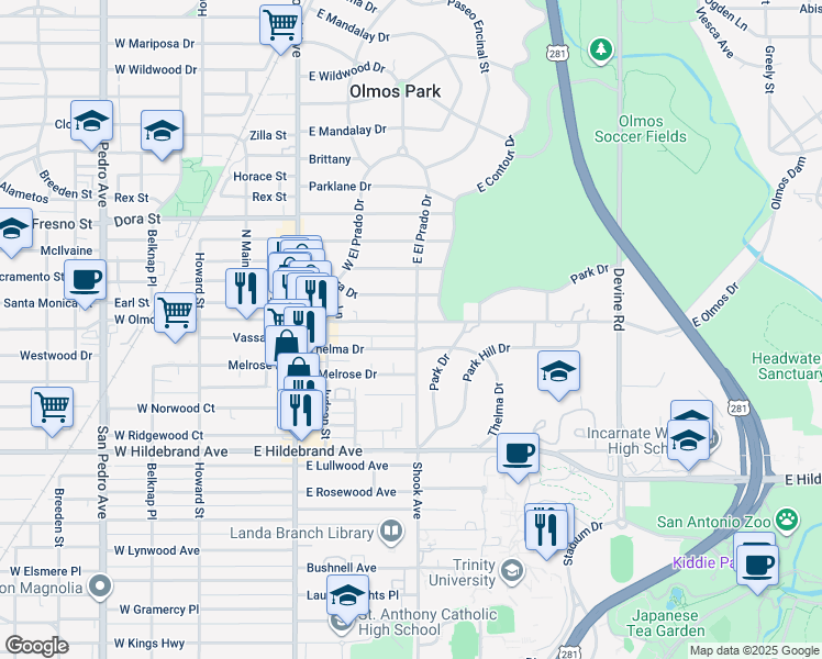 map of restaurants, bars, coffee shops, grocery stores, and more near 321 Thelma Drive in San Antonio