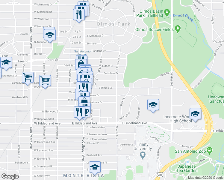 map of restaurants, bars, coffee shops, grocery stores, and more near 321 Thelma Drive in San Antonio