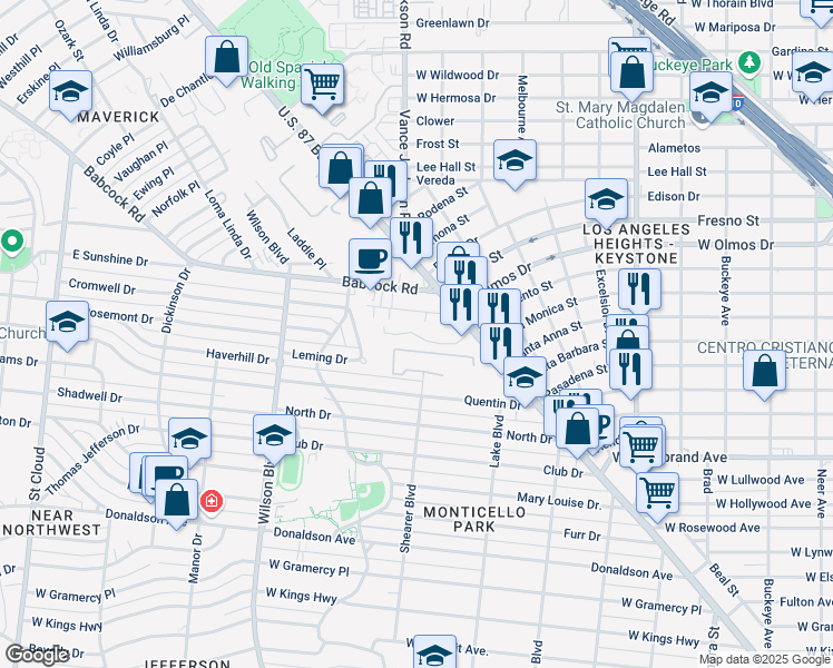 map of restaurants, bars, coffee shops, grocery stores, and more near 18 Sacramento in San Antonio
