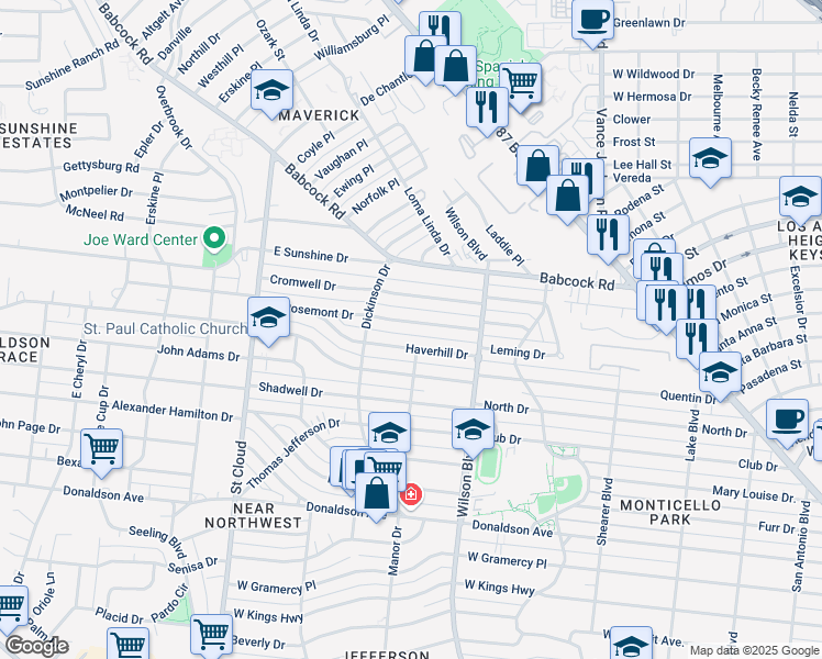 map of restaurants, bars, coffee shops, grocery stores, and more near 146 Rosemont Drive in San Antonio
