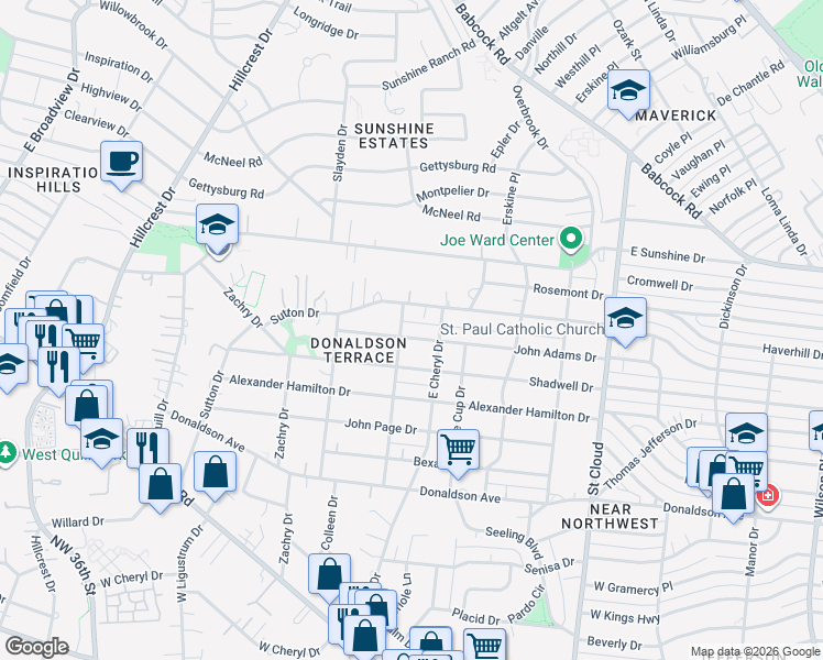map of restaurants, bars, coffee shops, grocery stores, and more near 719 John Adams Drive in San Antonio