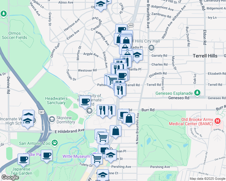 map of restaurants, bars, coffee shops, grocery stores, and more near 4821 Broadway Street in San Antonio