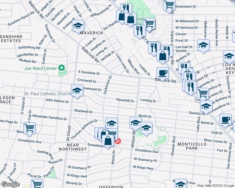map of restaurants, bars, coffee shops, grocery stores, and more near 146 Rosemont Drive in San Antonio