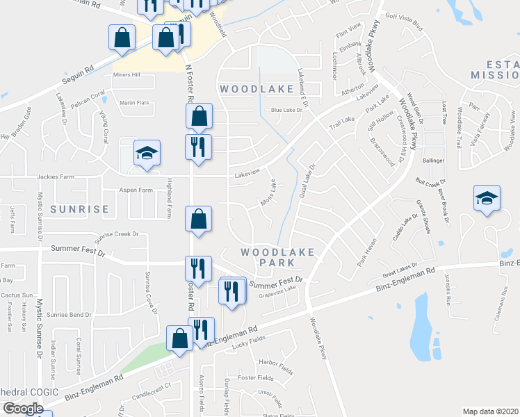 map of restaurants, bars, coffee shops, grocery stores, and more near 6807 Maple Lake Drive in San Antonio