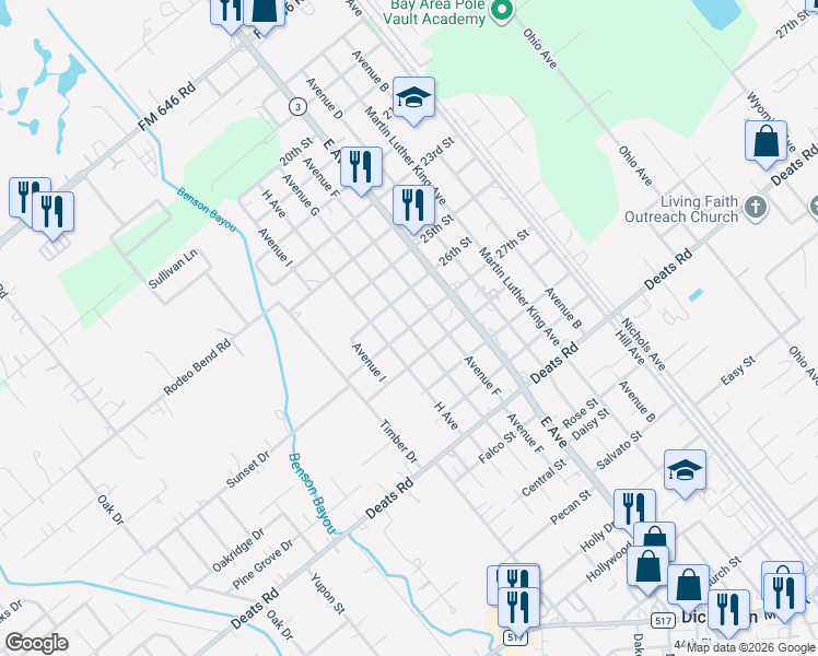 map of restaurants, bars, coffee shops, grocery stores, and more near 2401 Sunset Drive in Dickinson