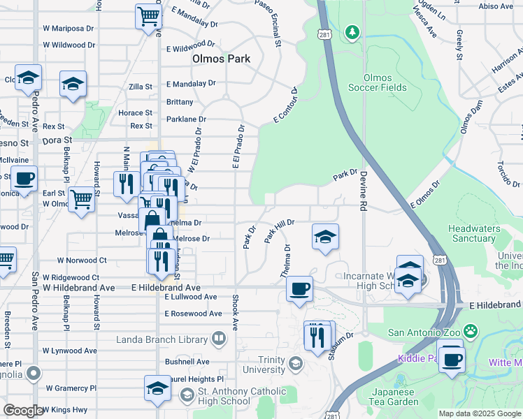 map of restaurants, bars, coffee shops, grocery stores, and more near 530 East Olmos Drive in Olmos Park