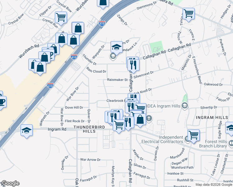 map of restaurants, bars, coffee shops, grocery stores, and more near 5922 White Cloud Street in San Antonio