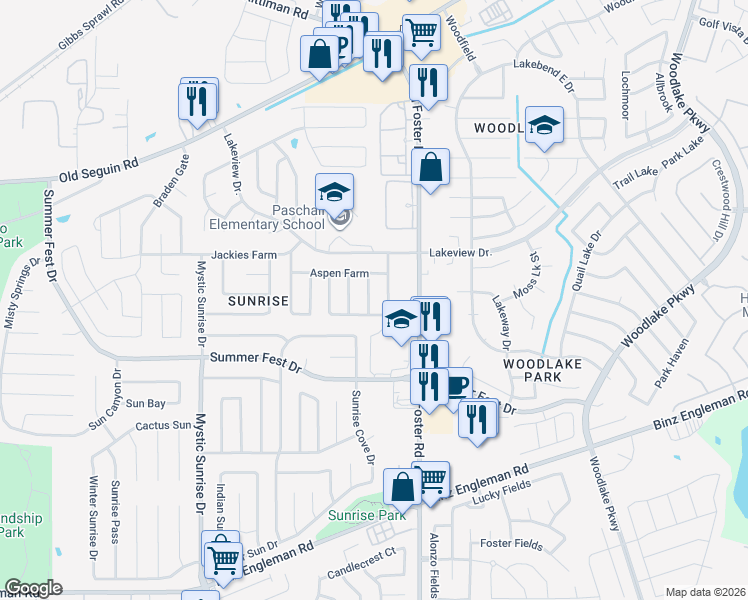 map of restaurants, bars, coffee shops, grocery stores, and more near 4715 Highland Farm in San Antonio