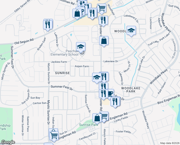 map of restaurants, bars, coffee shops, grocery stores, and more near 4715 Highland Farm in San Antonio