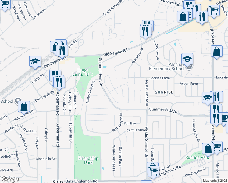 map of restaurants, bars, coffee shops, grocery stores, and more near 5818 Acacia Farm in San Antonio
