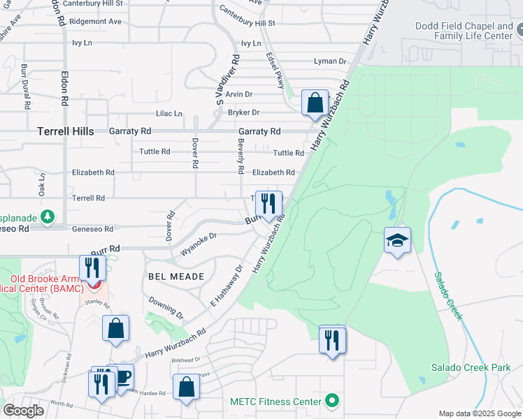 map of restaurants, bars, coffee shops, grocery stores, and more near 909 Burr Road in San Antonio