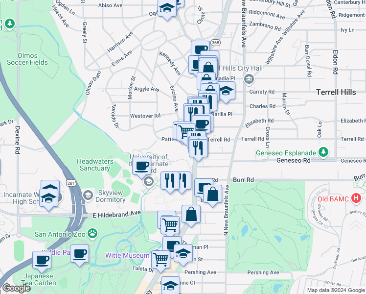 map of restaurants, bars, coffee shops, grocery stores, and more near 4821 Broadway Street in San Antonio