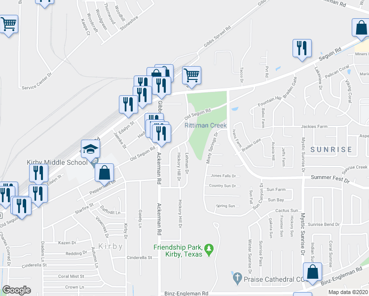 map of restaurants, bars, coffee shops, grocery stores, and more near 4443 Lehman Drive in San Antonio
