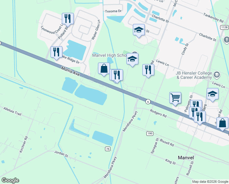 map of restaurants, bars, coffee shops, grocery stores, and more near 19422 Highway 6 in Manvel